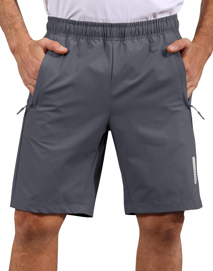 Mens Shorts Waterproof Quick Dry Slim Fit Athletic Running Gym Training Zipper Pockets for Basketball Tennis (Gray, XL)