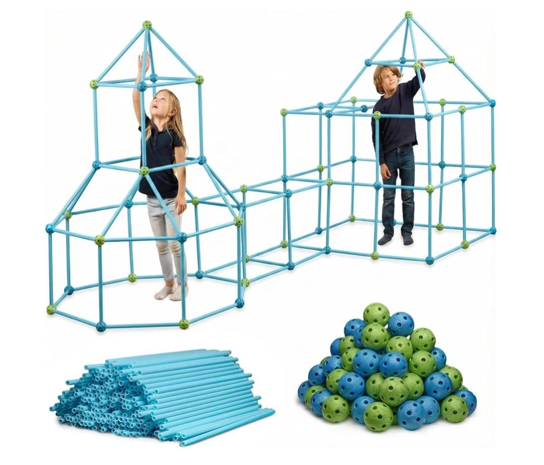 FUNbelievable! 132 Piece Fort Building Kit  Indoor Play Engineering Set with Connecting Sticks & Balls  Creative STEM Building Toys for Kids Play Spaces, Tents & Hideouts