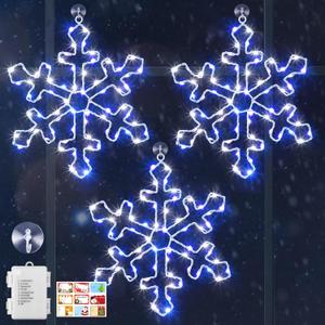 Hiboom 3 Pack Christmas Window Lights, 12 Inch Snowflake Lighted Decorations Wrapped with LED String Lights, 8 Modes Battery Powered Christmas Window Light for Xmas Indoor Decor (Blue White)