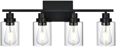 Wanluce 4 Light Bathroom Vanity Light, Bathroom Lighting Fixtures over Mirror, Farmhouse Black Vanity Light For Bathoom, Modern Wall Sconces Light Fixtures with Clear Glass Shades for Bathroom Bedroom