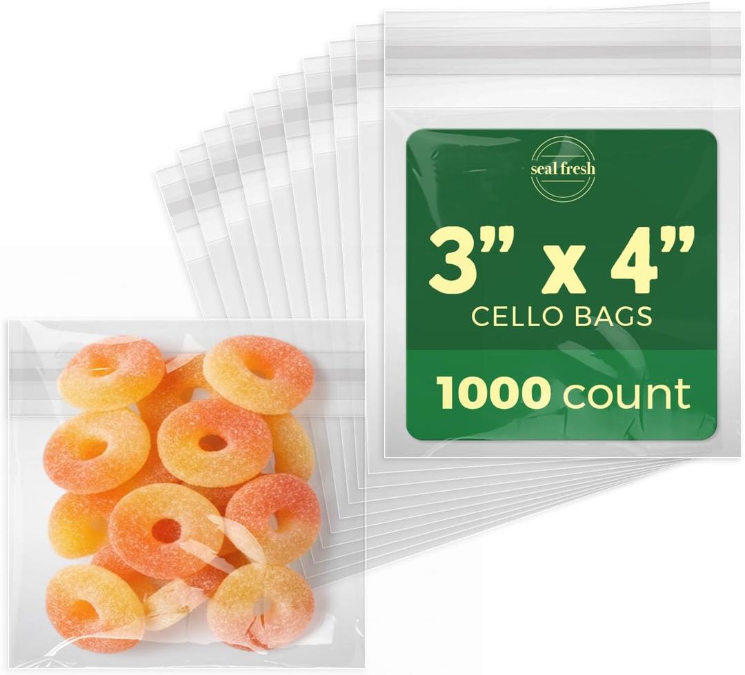 Seal Fresh Self Sealing Cellophane Bags - 3" x 4" (1000 Count) - Clear Plastic Resealable Cello Bag - Cellophane Treat Bags, Cookie Bags for Packaging, Candy bags, Cello Bags, Pastry Bags