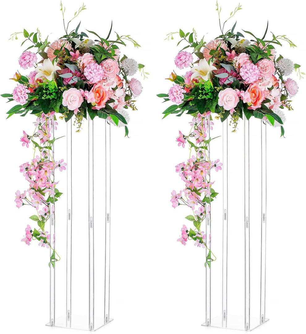 Nuptio Wedding Centerpieces Acrylic Vases - 2 Pcs 31.5 inch Tall Flower Vase Flowers Stand for Party Tables Decorations - Elegant Bulk Weddings Decoration Table Geometric Centerpiece Stands