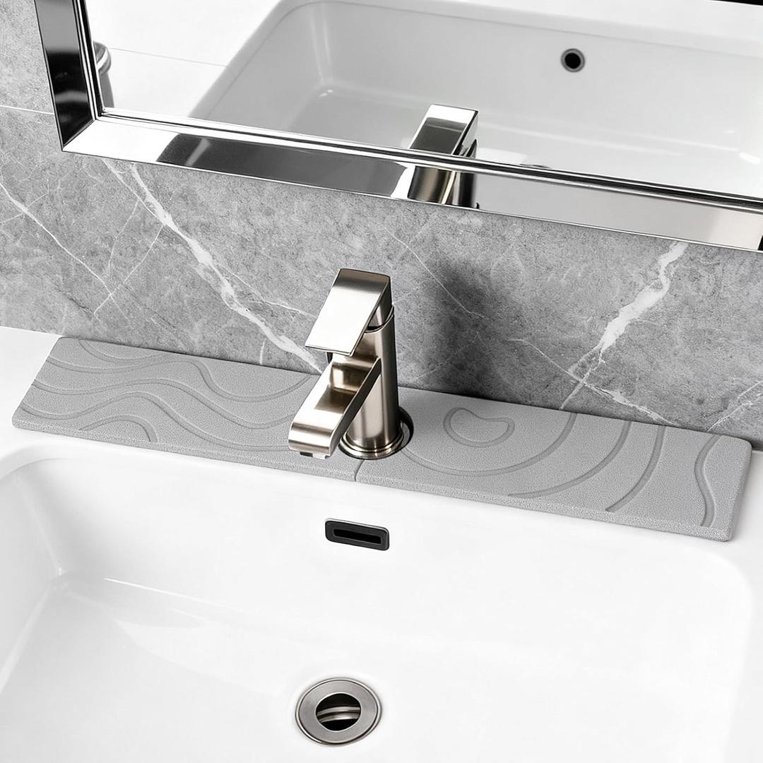 Stone faucet mat for kitchen sink,stone faucet mat for kitchen sink,stone drying matFaucet Washer and Soap Dish Set,Super Absorbent Diatomite Faucet Mat, Kitchen Sink Accessories in 3 Colors (17.7in*4in, Light Gray)