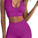 QINSEN Workout Outfits for Women 2 Piece Ribbed Seamless Crop Tank High Waist Yoga Leggings Sets