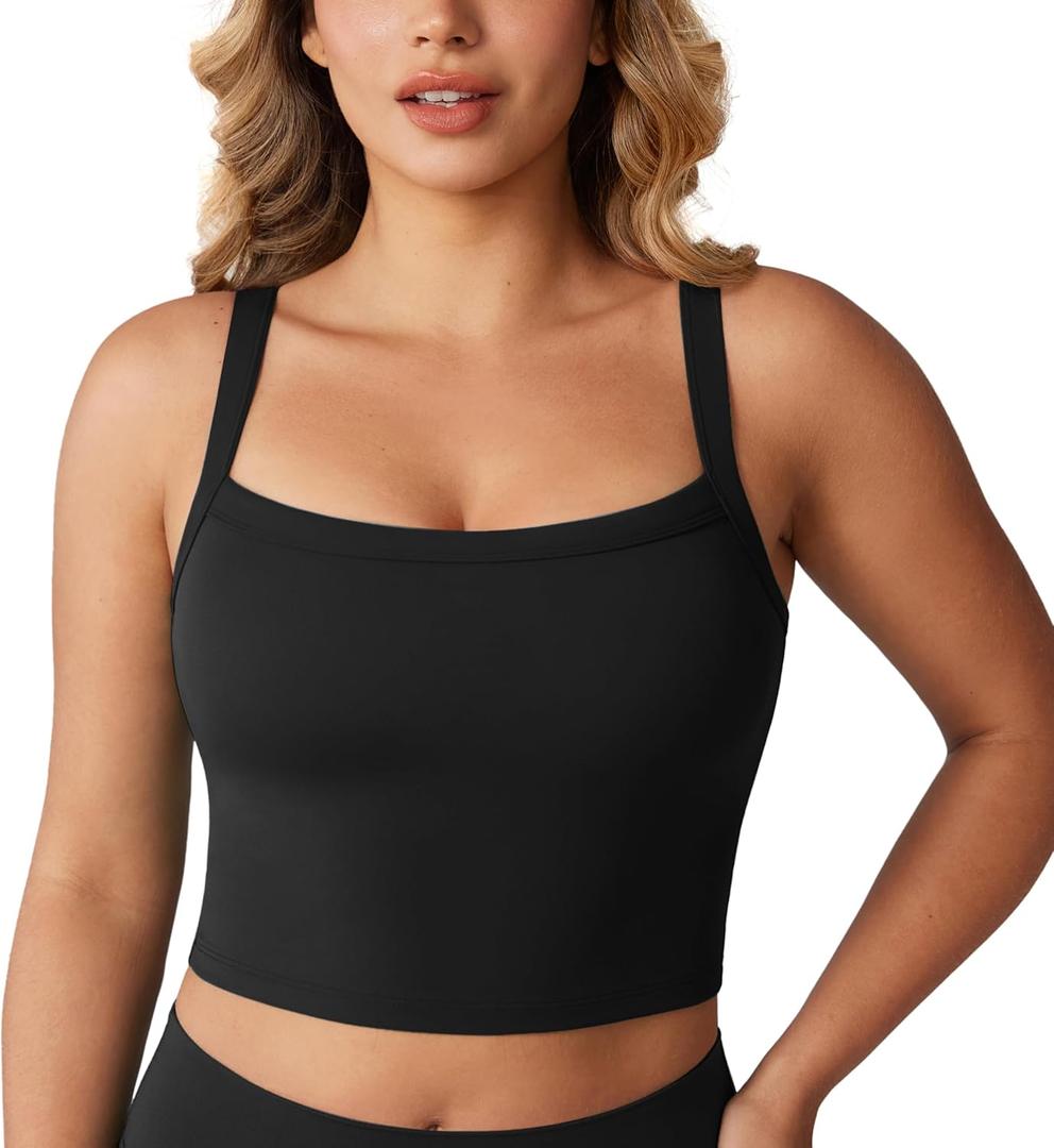 Hugcurve Adjustable Longline Sports Bra Square Neck Workout Tank Crop Tops for Women with Built in Bra Padded Camisole (XSmall, Black) Hugcurve Adjustable Longline Sports Bra Square Neck Workout Tank Crop Tops for Women with Built in Bra Padded Camisole (XSmall, Black)