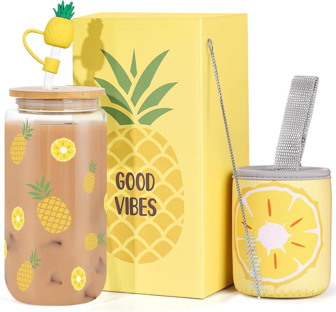 Dosuarue Pineapple Shaped Mug Cup, 16 oz Cute Glass Tumbler with Lids and Straws - Can Shaped Drinking Glass - Christmas, Birthday Gifts for Women (Yellow)