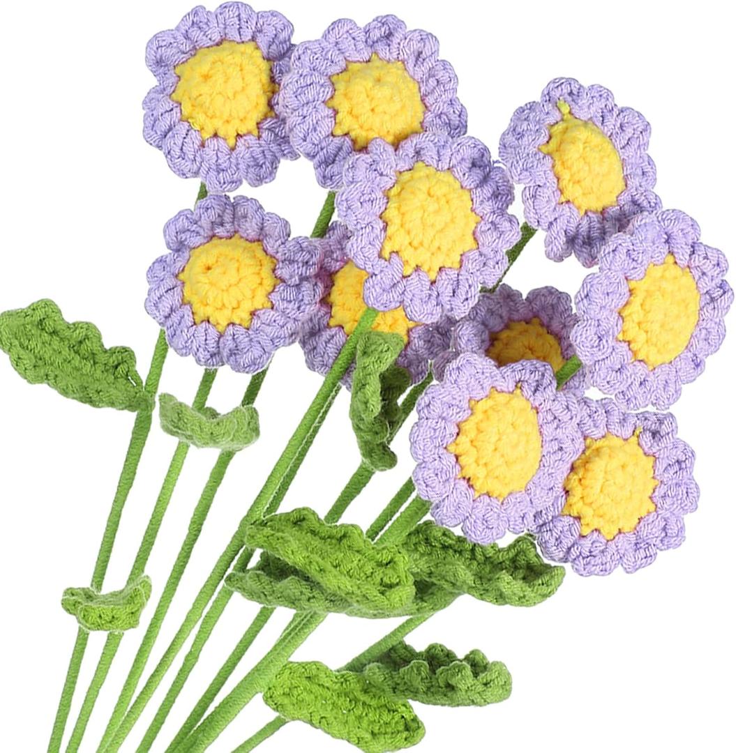 MECCANIXITY Crochet Flowers Handmade Knitting Daisy Artificial Woven Small Potted with Stems for Valentine's Gifts Home Wedding Party Office Table Decor, Light Purple Count 10
