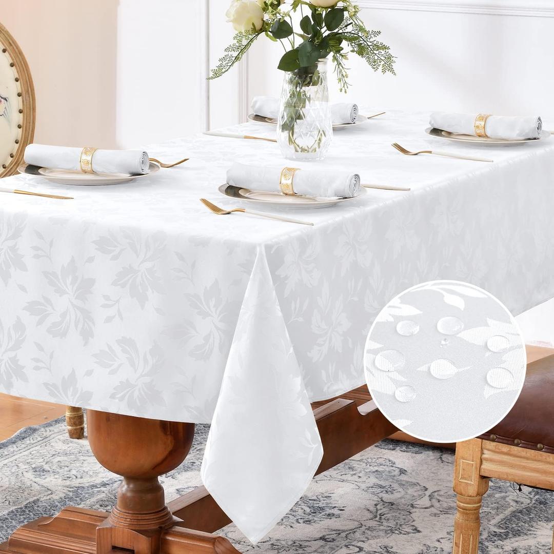Romanstile Jacquard Rectangle Tablecloth - Waterproof Damask Floral Pattern Decorative Table Cloths Heavy Weight Fabric Table Covers for Dinner/Parties/Outdoor - 60 x 102 Inch, White