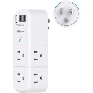 PD20W USB Outlet Extender Surge Protector - with Rotating Plug, 6 AC Multi Plug and 3 USB Ports (2 C), 3-Sided Swivel Power Strip Spaced Splitter for Home, Office, Travel (White)