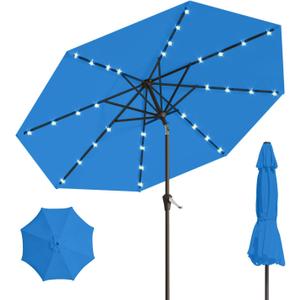 10FT Solar Umbrella 32 LED Lighted Patio Umbrella Table Market Umbrella w/Tilt and Crank, UV-Resistant Outdoor Umbrella for Pool, Garden, Deck, Royal Blue