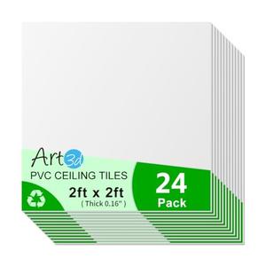 Art3d 24"x24" Smooth Drop Ceiling Tiles (48 Sq.Ft), 12-Pack 2ft x 2ft PVC Tiles for Home and Office, Waterproof and Reusable Plastic Ceiling, White