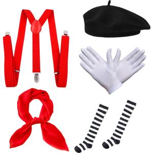 5 Pcs Mime Artist Costume Accessories Set Women French Mime Cosplay Outfit Includes Black Beret Red Suspender Scarf White Gloves and Black White Stripe Socks for Halloween Theme Party Dress up Decor