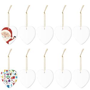 10 Pieces Sublimation Ornament Blanks Bulk White Heart Ceramic Ornament with Gold String for Wedding DIY Crafts Valentine's Day Personalized Ornament Decorations