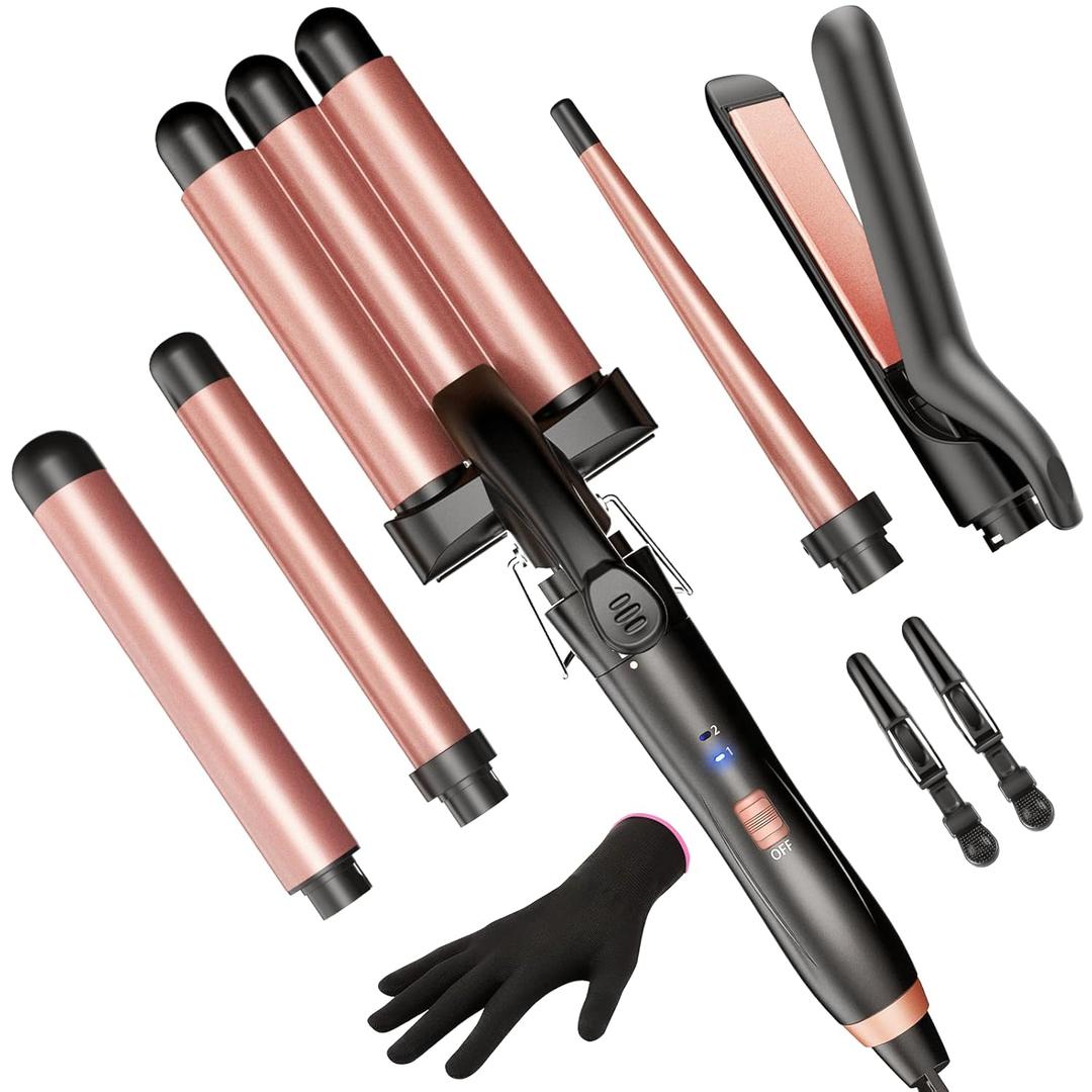 5 in 1 Wand Curling Iron-Kinked Curling Wand Set with Flat Iron Hair Straightener, 3 Barrels Hair Crimper, 3 Ceramic Curling Irons (0.35"-1.25"), 2 Temps Fast Heat Hair Waver Curler with Glove & Clip (Rose Gold)