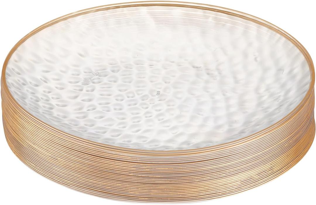PLASTICPRO 30 Pack Hammered Plastic Plates Heavyweight Disposable Plastic Plates Elegant Clear Hammered Rim Platsic Party Dishes (Hamered Clear With Gold Rim, 7'' INCH PLATES)