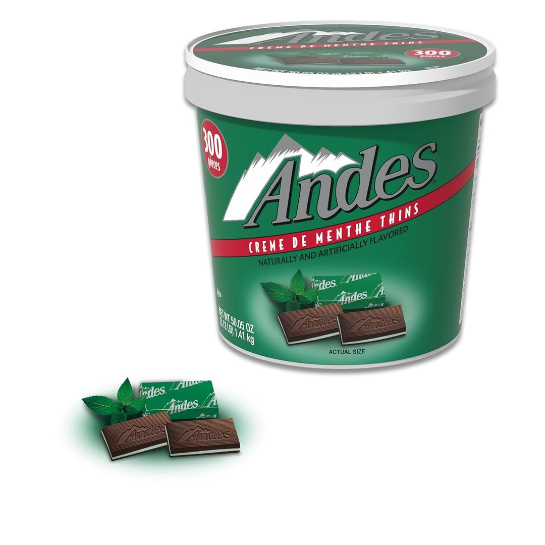 Andes Creme De Menthe Thin Mints - 300 Count - Bulk After Dinner Mints - Rectangular Chocolate Sandwich Mint Candies - 3.12 LB Tub