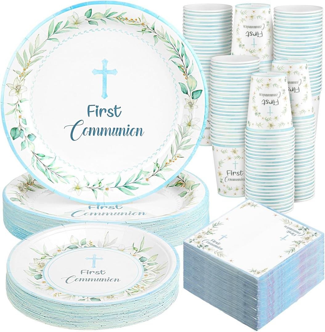200 Pcs First Holy Communion Disposable Tableware Set Blue God Bless Baptism Disposable Paper Plates Napkins and Cups for Dessert Christening Celebration Eucharist Party Supplies