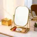 Tstarer 360 Degrees Rotating Metal Makeup Mirror with Storage, Vanity Mirror for Desk, Bathroom, Bedroom, Dressing Table (Gold)