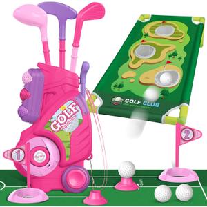Liberry Toddler Golf Set for 2 3 4 Years Old Girls Boys, Upgraded Kids Golf Cart with Golf Cornhole Board & Putting Mat, Indoor and Outdoor Golf Toys Birthday Gift, Pink