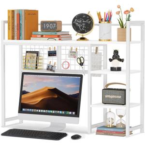Snughome Desk Shelf, 38.6" Desktop Organizer Shelf, Desk Hutch for Computer Monitor, 4 Tier Desktop Display Rack with Pegboard Hooks Set, Wood Desk Bookshelf for Home Office Dorm, White
