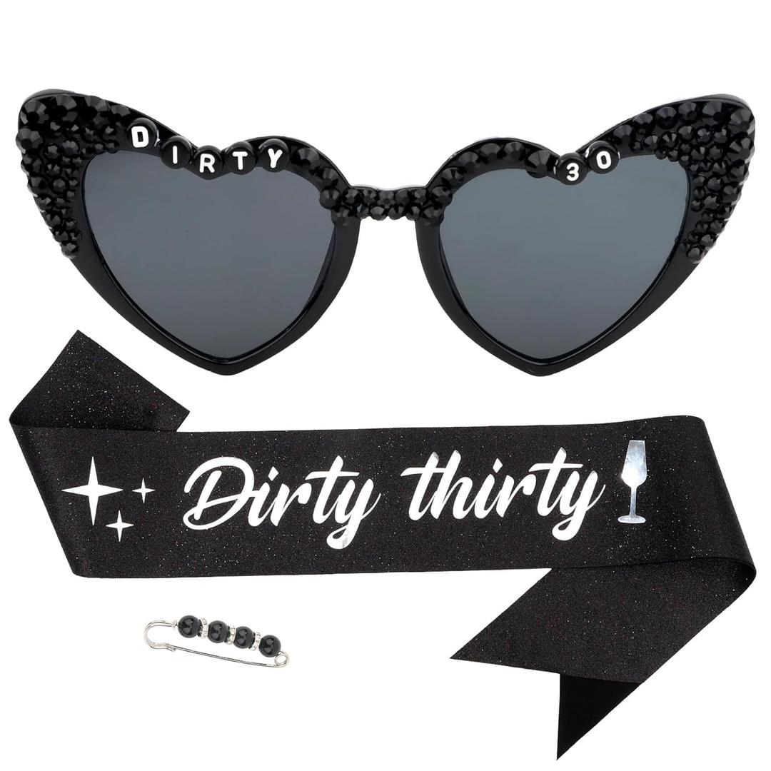 Dirty Thirty Birthday Sunglasses and Sash for Women 30th Birthday Sash Dirty 30 Birthday Decorations for Her Birthdays Gifts Party Favors Supplies