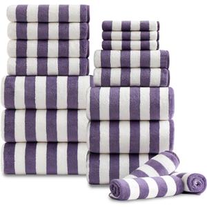 18 Pcs Purple Stripe Bath Towel Set with Hanging Loop-6 Bath Towels,6 Hand Towels,6 Washcloths Soft Family Towels Set Bathroom Towel Highly Absorbent Quick Dry Shower Towel for Beach Spa Gym Hotel