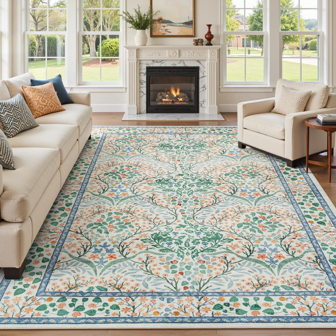 Lofus 9x12 Floral Living Room Rug, Washable Large Area Rugs Non Slip Low Pile, Boho Carpet for Kitchen Bedroom Dining Room Home Office, Vintage Farmhouse Forest-Themed Area Rugs, White Green Orange