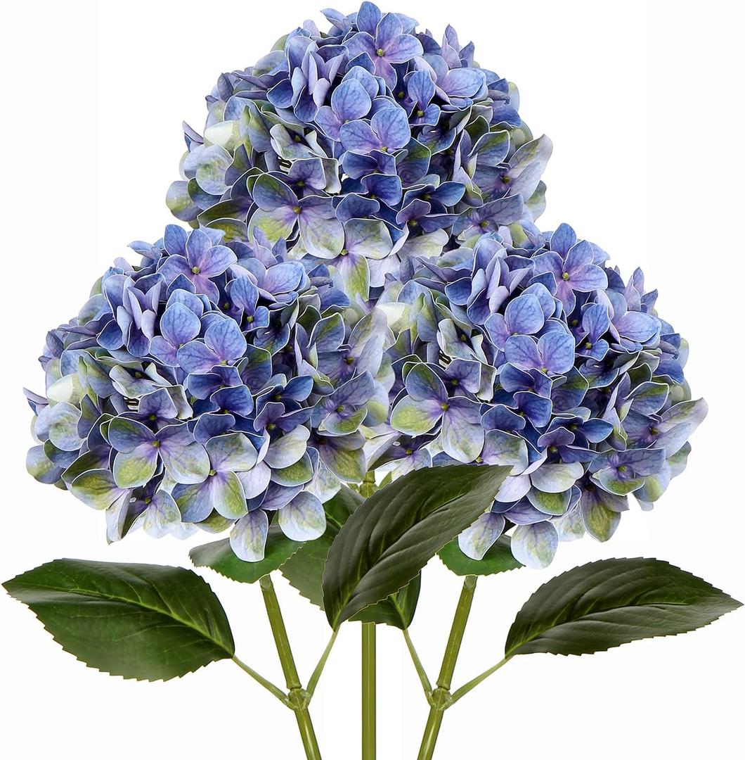 DILATATA Faux Hydrangea Large Artificial Purple Hydrangea Flowers 26" Real Touch Hydrangea Flowers Lifelike Silk Hydrangea Stems for Wedding Party Garden Home Decoration (3PCS, Blue Green #3)