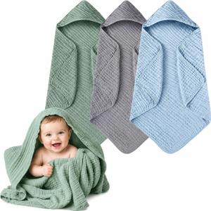 Momsnug 3-Pack Muslin Hooded Baby Towels, 100% Cotton, Ultra-Soft & Absorbent Baby Bath Towels with Hood for Babies, Infant, Toddler and Newbron(35 X 35 Inch) (Green + Grey + Blue)