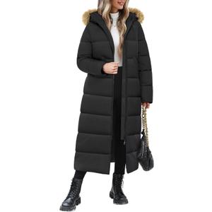 Long Winter Coats for Women Maxi Length Puffer Coat Warm Quilted Jacket Ladies Full Length Down Fur Hood Trendy 2026 (Small, Black)