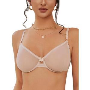 Women's Sexy Sheer Balconette Bra Mesh Unlined Underwire Bras Demi Plunge See Through Unpadded Lace Everyday Bralette (36D, Nude)