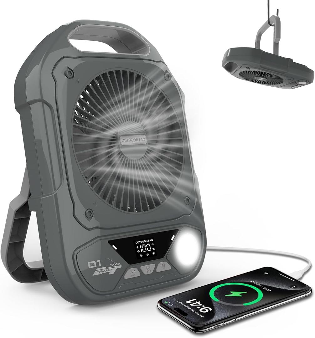 Camping Fan Rechargeable Portable Tent Fans, 10000mAh Battery Powered with LED Lantern, USB-C/Type-C Fast Charging, 5 Speeds Quiet Desk Fan for Outdoor Tent Travel Home Office Bedroom Fishing Beach