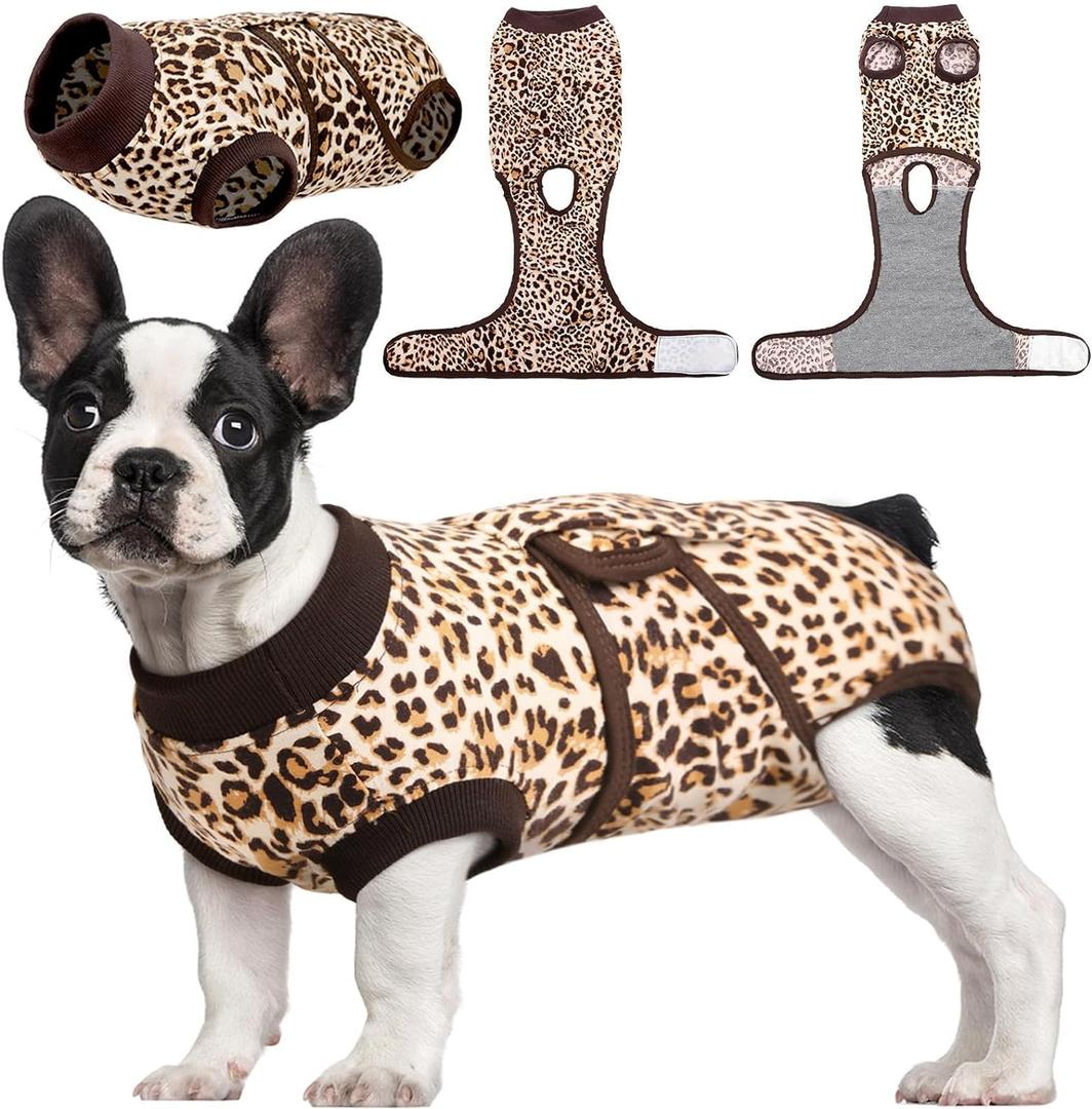 Kuoser Dog Surgery Suit, Comfy Dog Recovery Suit Female Doggie Onesie for Surgery, Post Op Protective Onesie, Soft E-Collar Alternative for Cats & Puppies, BrownLeopard XS 