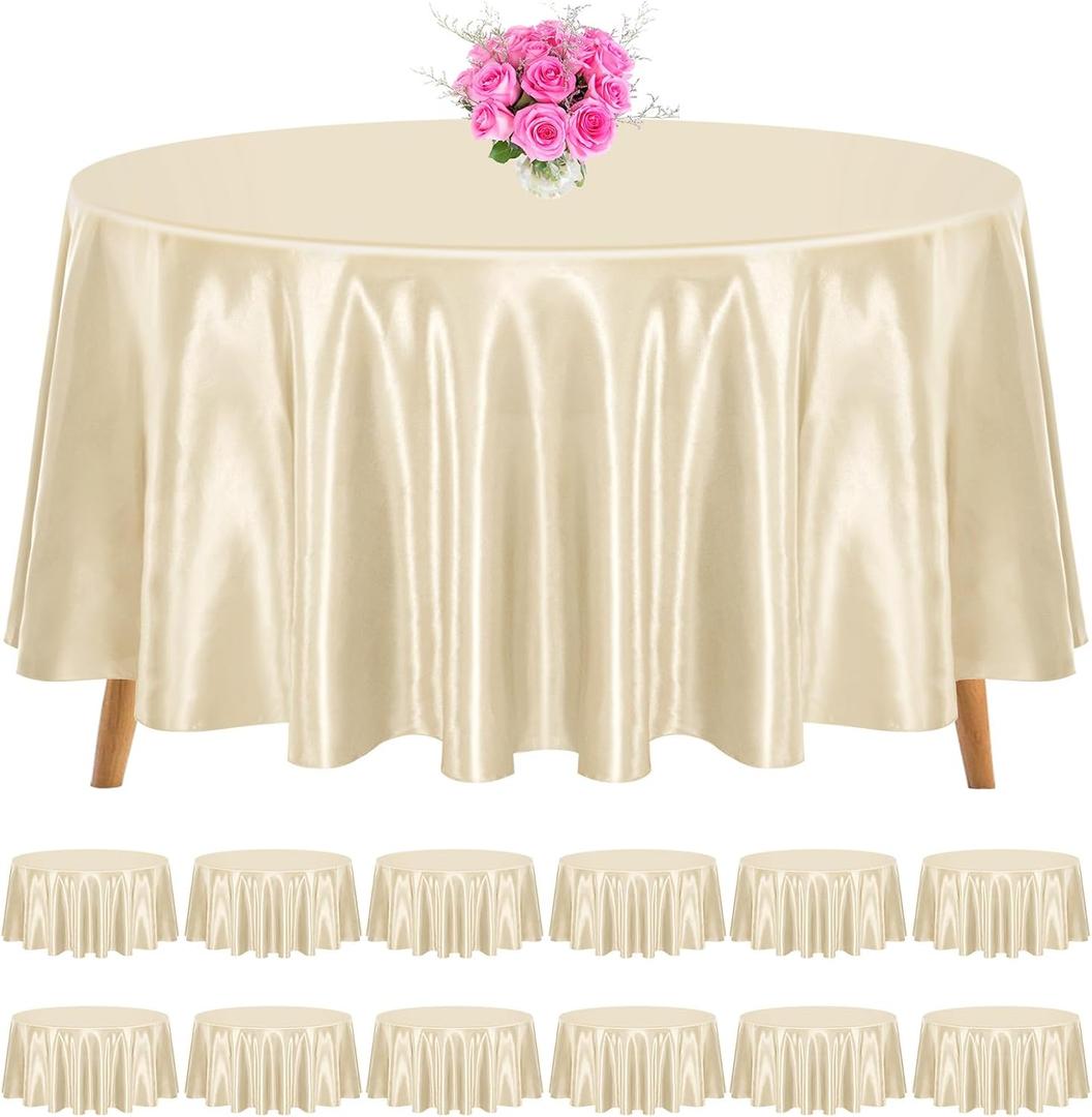12 Pack 120 Inch Round Tablecloth, Champagne Satin Fabric Table Cloth for Round Table, Wrinkle Resistant Washable Table Cover Bright Silk Table Clothes for Wedding Party Dining Table Banquet