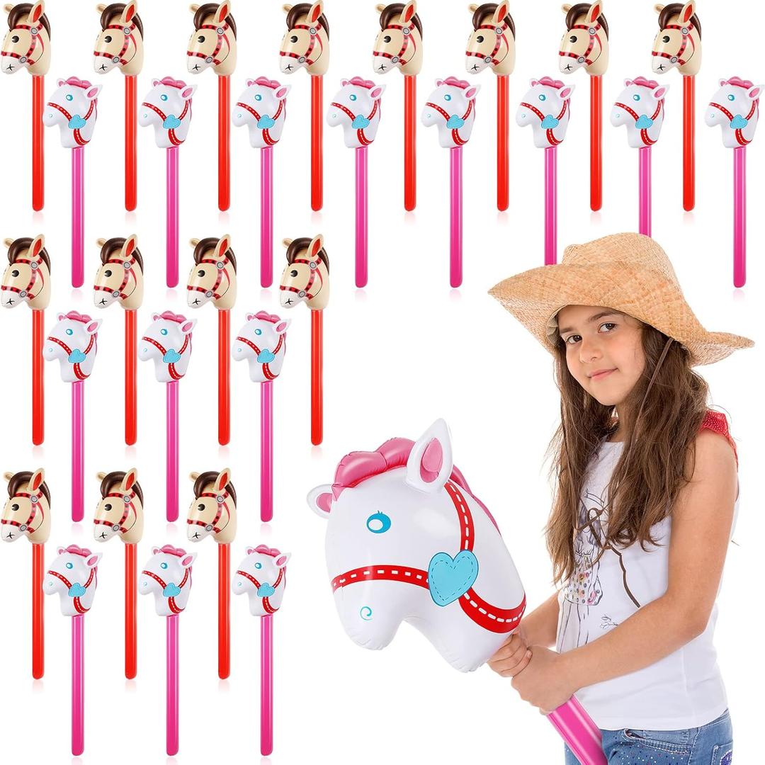 Chivao 30 Pack Inflatable Stick Horse Toy Horse on a Stick Horse Stick Toy Horse Head Stick Balloon Bulk for Cowgirl Cowboy Western Themed Birthday Party Baby Shower Decorations, 37 Inch (Red Pink)