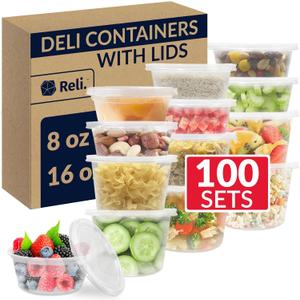 Reli. Deli Containers with Lids (100 Sets Total) | Variety Pack - 8oz (50 pc), 16oz (50 pc) w/Lids | Plastic Soup Container with Lid | Clear Food Storage | Microwave & Freezer Safe
