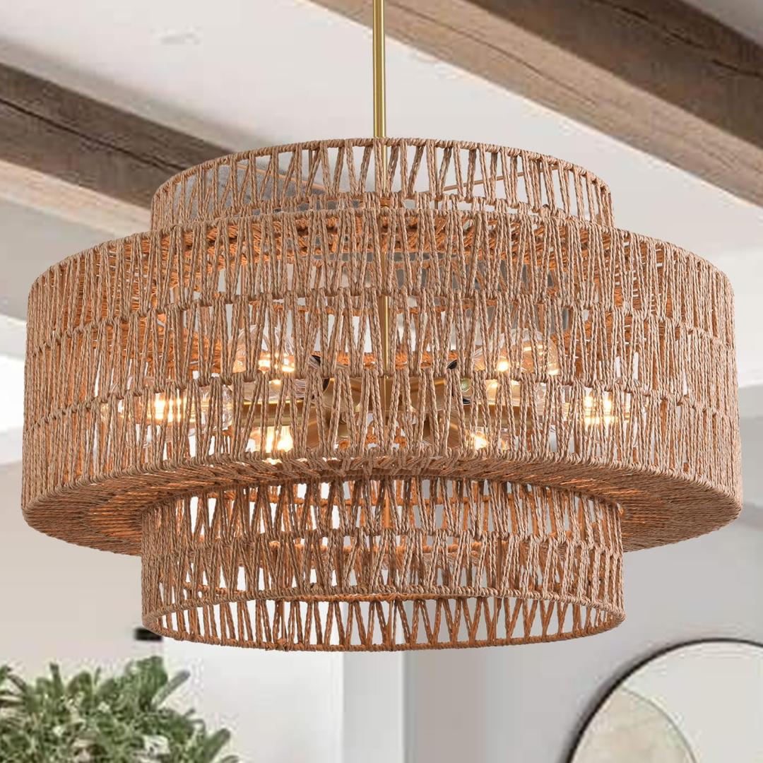 Boho Rattan Chandelier, 6-Light Dining Room Light Fixture,23.62" Wicker Pendant Lighting with3-Tier Woven Lampshade, Large Farmhouse Chandeliers for Kitchen