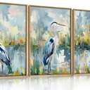 HLNIUC Great Blue Heron Wall Art Set of 3, Watercolor Coastal Bird Wall Decor(24x36), Wildlife Animal Illustrations Canvas Painting, Modern Boho Nature Avian Art Prints for Living Room,Bedroom, Office