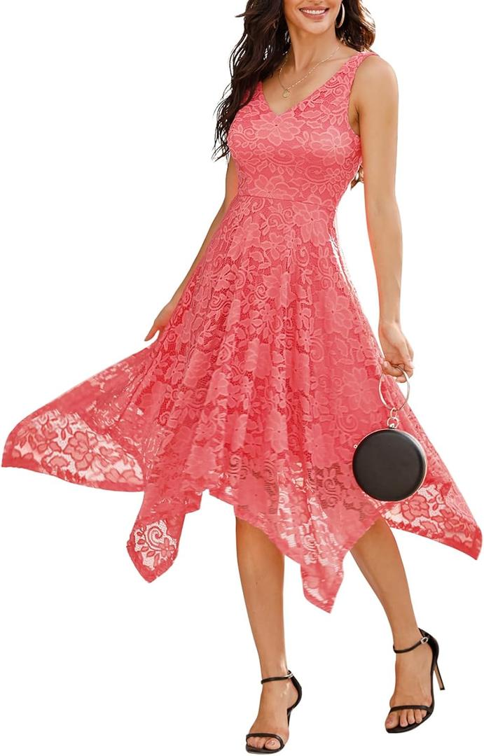 Meetjen Women's Lace Cocktail Party Dress 2025 Handkerchief Hem Bridesmaid Prom Formal Dresses for Wedding Guest (3X-Large, Coral)