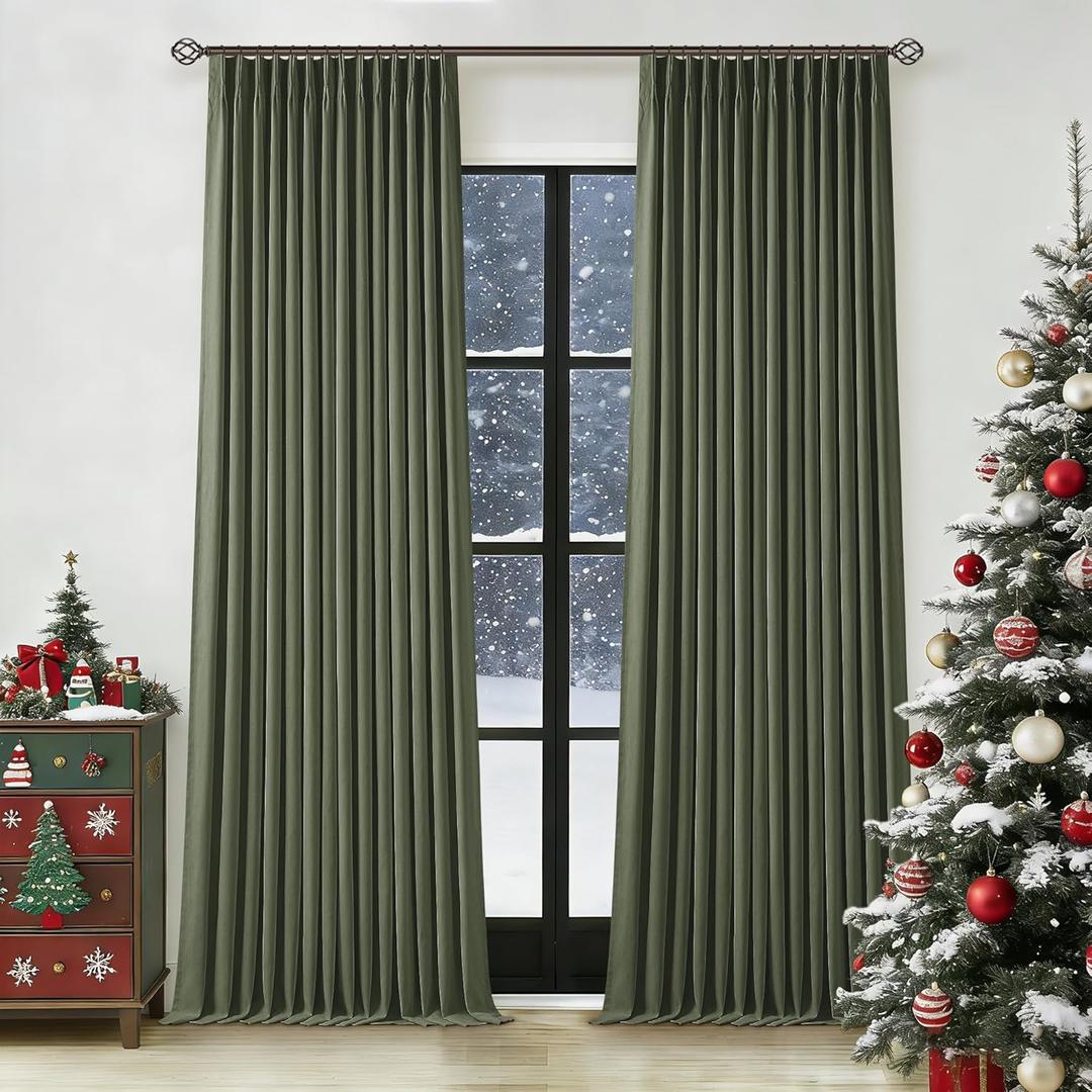 Olive Green Pinch Pleated 100% Blackout Linen Bedroom Curtains 96 Inch Length Double Layer Pleat Curtains Ring Hooks Back Tab Black Out Room Darkening Drapes 96 Inches Long Living Room Dark Green (40"W x 96"L (Pack of 2))