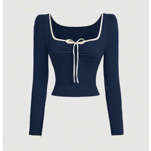 SHEIN MOD Tomato Girl Fall Bow Puff Sleeve Women's Fitted Long-Sleeve T-Shirt with Contrast Trim, Dark Blue Top 16Y