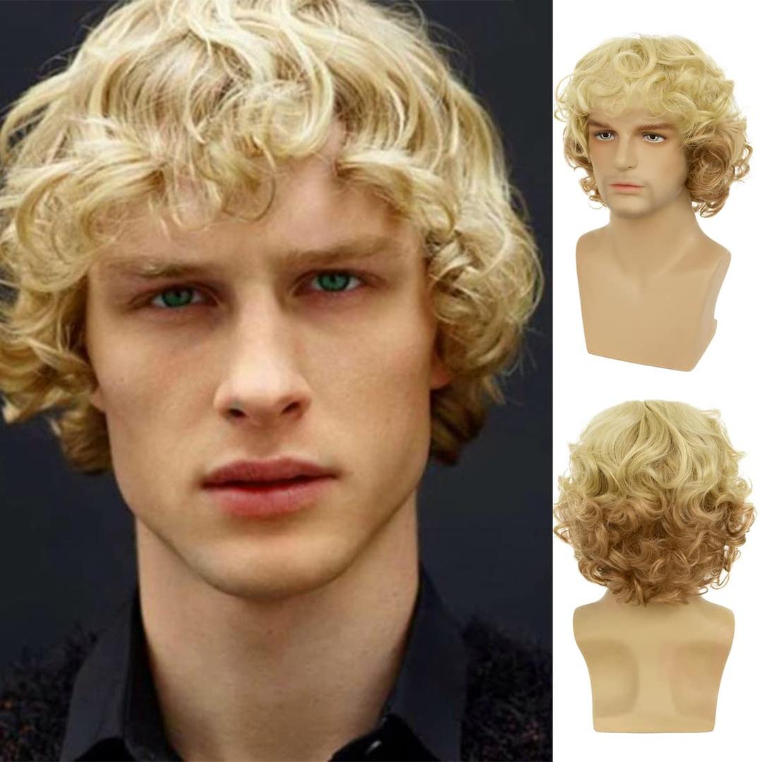 Mens Blonde Wig Short Wavy Fluffy Natural Synthetic Wig with Bangs Costume Daily Party Cosplay Halloween Wig for Males