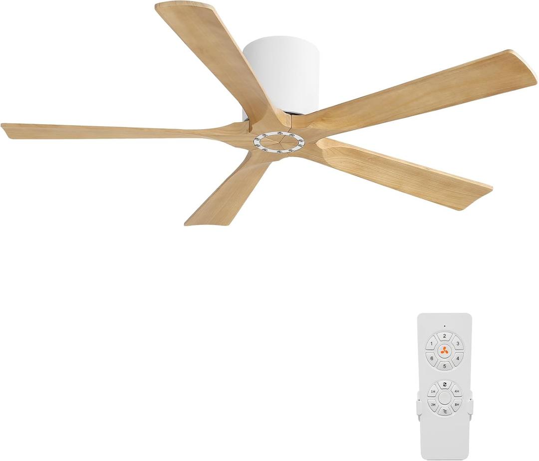 ELEHINSER 52 Inch Flush Mount Ceiling Fan without Light, Low Profile Modern Ceiling Fan with Remote, Quiet DC Motor, 6-Speed, Timer, 5 Solid Wood Blades,White+Light Wood