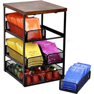 Tea Bag Organizer with 5 Drawers, Wooden & Metal Tea Storage Organizer for TeaBags, Coffee Pods, Creamers & Sugar Countertop Tea Bag Holder for Coffee Bar and Kitchen, Space-Saving Tea Storage Rack