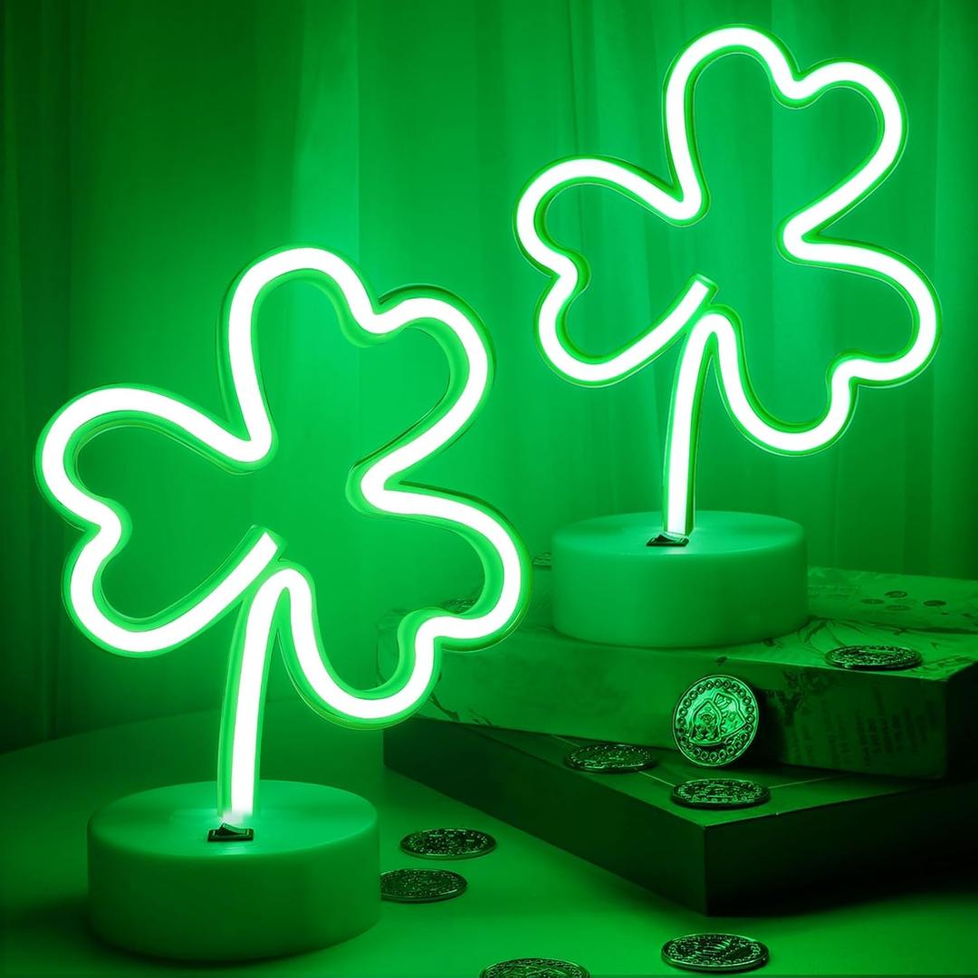 2 Pack St Patricks Day Decorations Neon Signs with Holder Base, USB or Battery Operated Neon Light Green Lucky Clover Lights, LED Table Decoration for Bedroom Indoor Wedding Kids Room Birthday Party