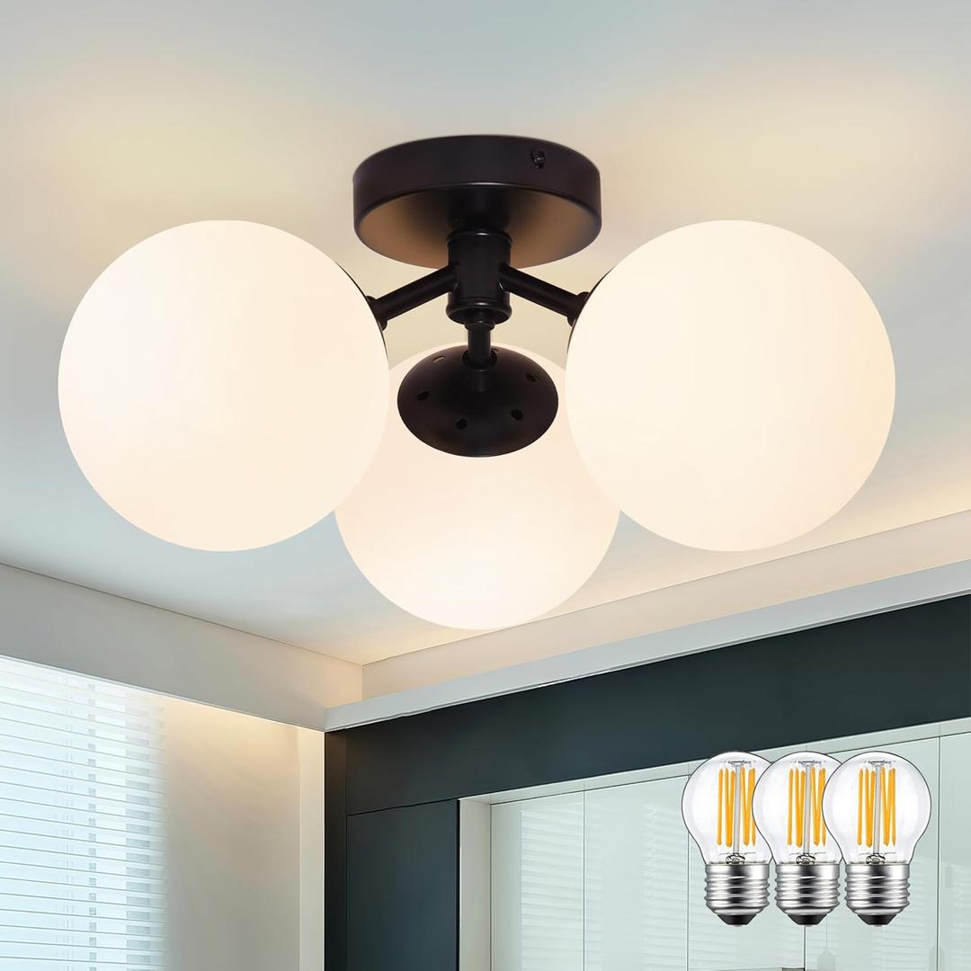 3 Light Mid Century Modern Black Semi Flush Mount Ceiling Light - Milk Glass Globe Sputnik Chandelier Fixture for Bedroom, Living Room, Hallway, Entryway (Opal-Black)