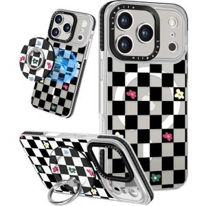 Case for iPhone 17 Pro Max Case Compatible with Magsafe Ring Holder Stand - for Women Plaid Flower Design TPU Phone Cover for Girls Girly Funny Fashion