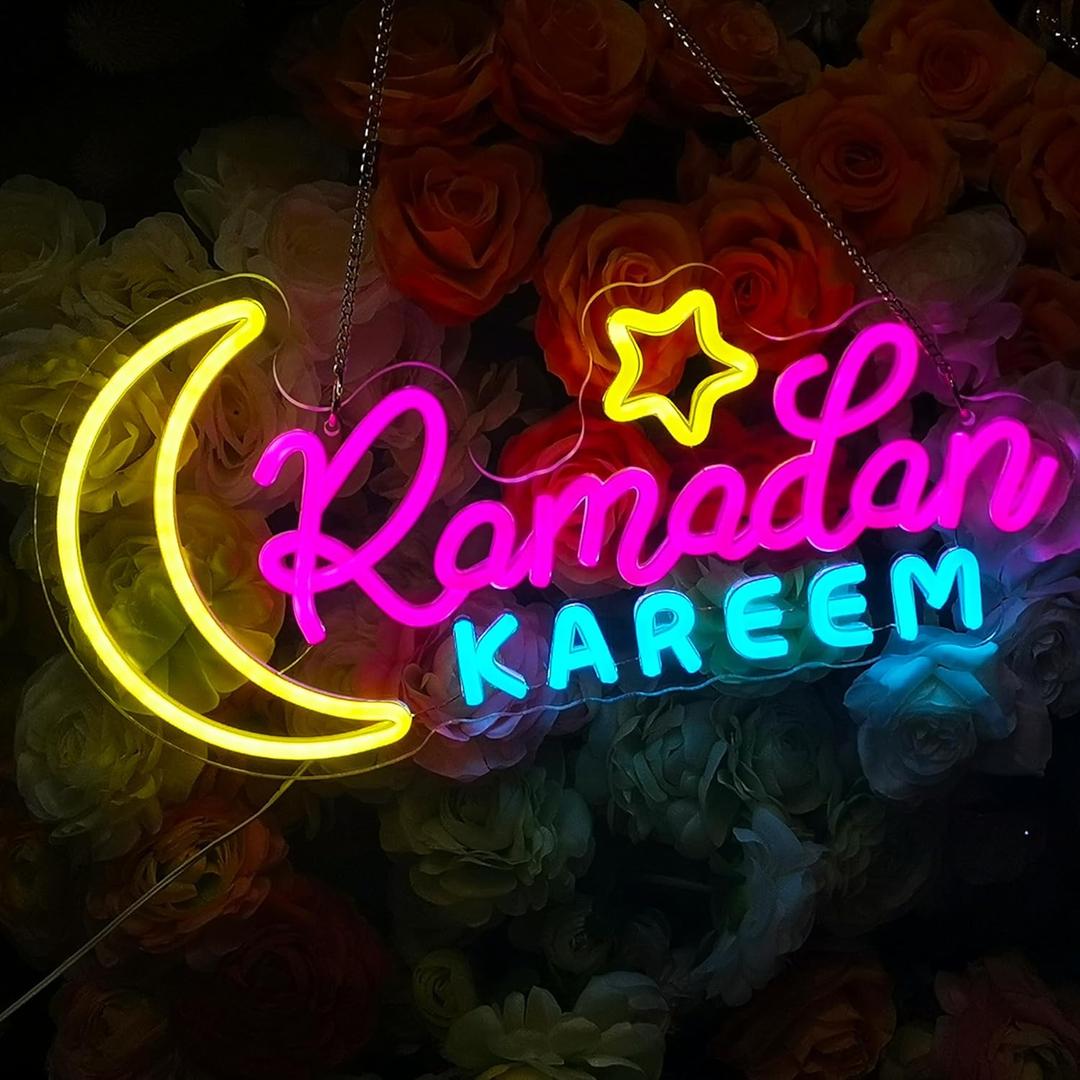 Ramadan Neon Sign, Ramadan Mubarak LED Light with Moon and Stars, Islamic Wall Decor for Home, Eid Decorations, USB Powered Holiday Gift