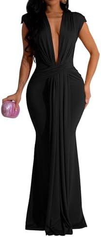 Memoriesea Women's Elegant Sleeveless Deep V Neck Bodycon Party Evening Gown Maxi Dress XL