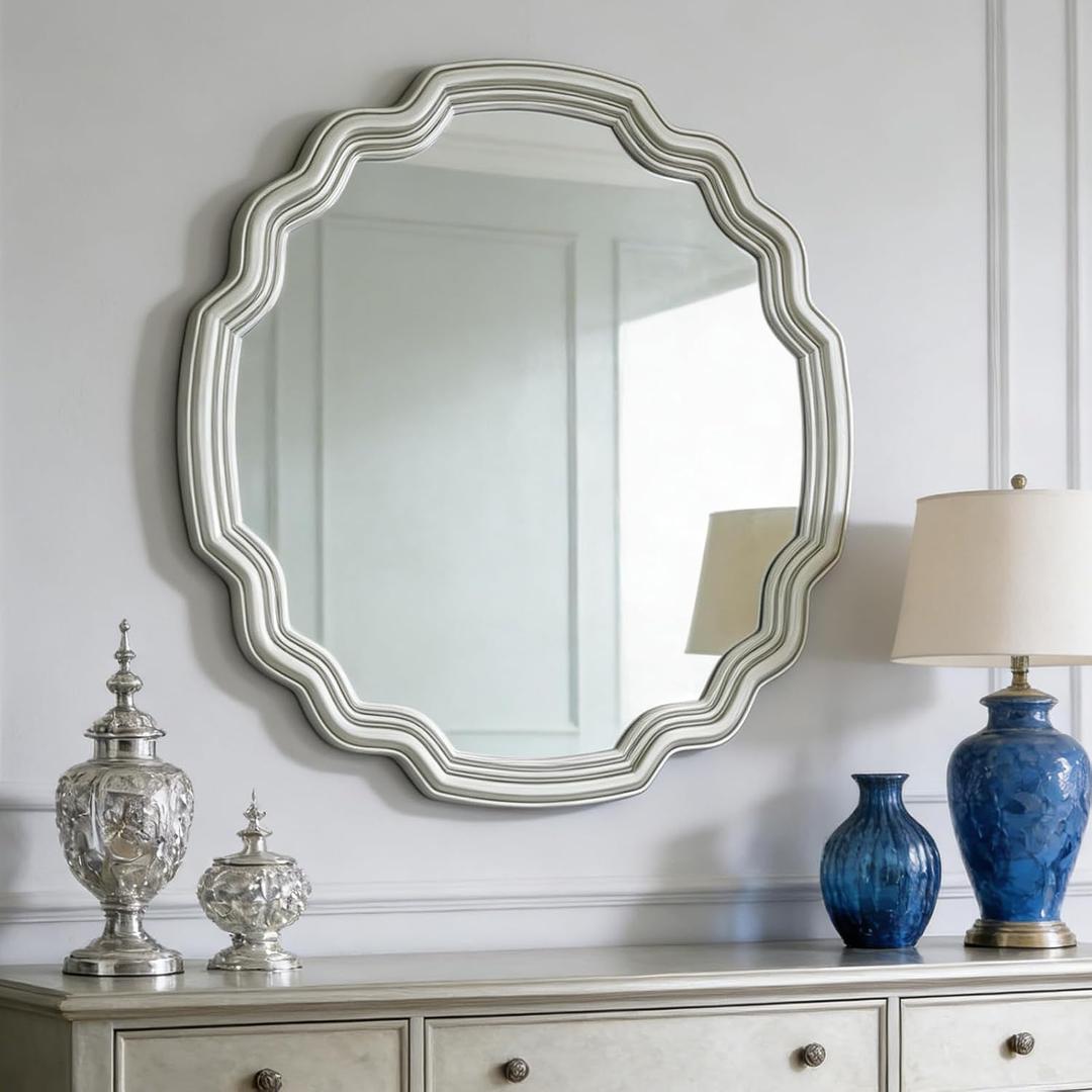 Decorative Silver Round Wave Mirror - 26 Inch Scalloped Edge Circle Mirror for Wall Decor, Vintage Silver Frame Bathroom Vanity Living Room Nursery Wall Mounted Mirrors with Shatterproof Glass
